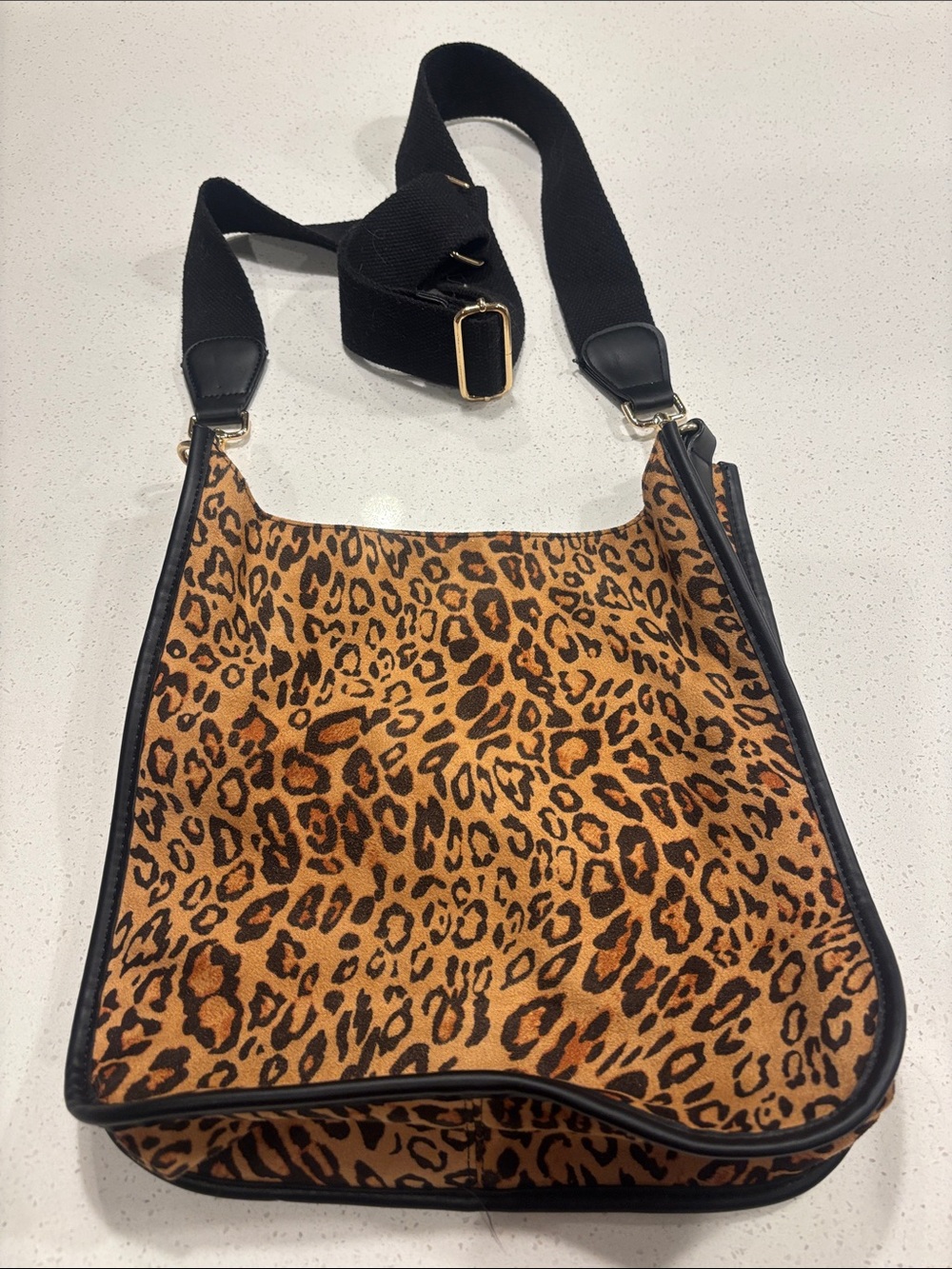 Ah-Dorned Leopard Print Suede Crossbody Messenger Bag Black